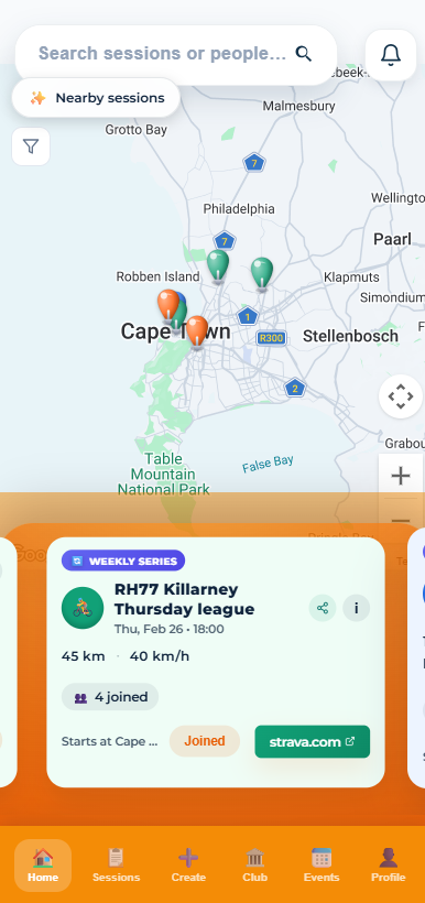 Map view showing training sessions
